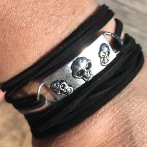 Tie Wrap Skull Silver Bracelet Cuff Yoga Boho Biker Vegan Faux Leather Gothic